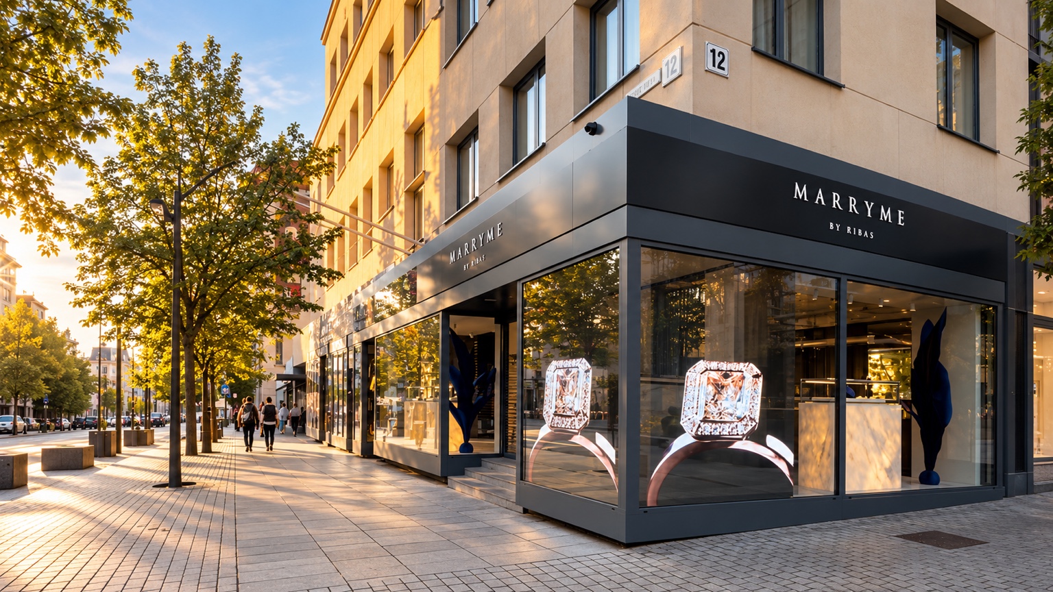 Transparent LED concept showing jewelry on corner storefront windows