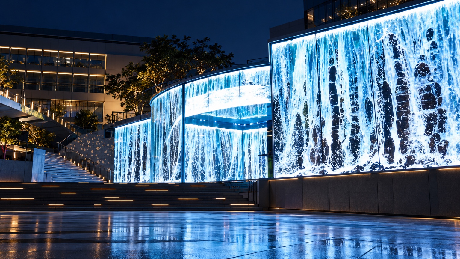 Transparent LED concept showing a waterfall across architectural glass